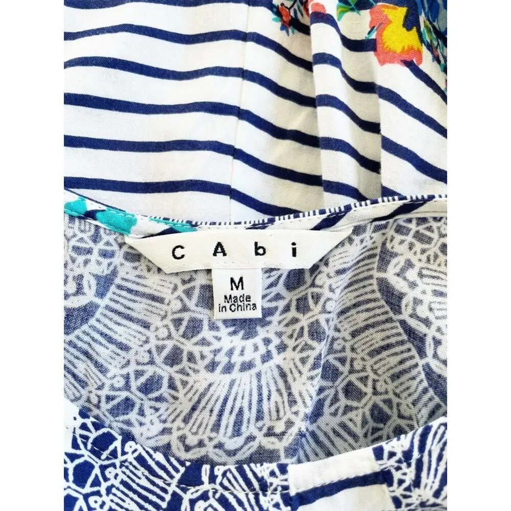 CAbi Navy and White Striped Cami with Floral Hem Size Medium EUC